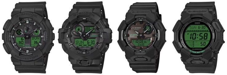 De gauche à droite : les montres Casio G-Shock GA100BEG-1A, GA700BEG-1A, GAB010BEG-1A et GD010BEG-1