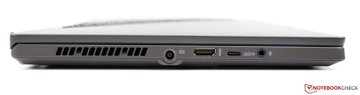 A droite : Alimentation, HDMI 2.0b, USB-C 3.2 Gen. 2 (avec DP, PD et G-Sync), prise audio combinée de 3,5 mm