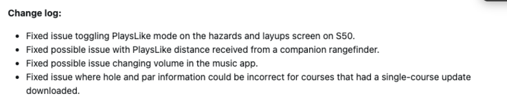 Le journal des modifications du logiciel système 8.04 pour les smartwatches Garmin Approach S44 et S50. (Source de l'image : capture d'écran du forum Garmin)