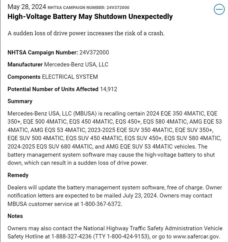 Avis de rappel Mercedes-Benz. (Source : NHTSA)