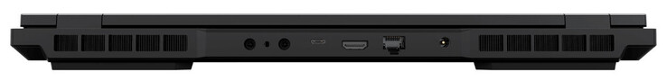 Arrière : 2x connecteurs pour le refroidissement par eau, Thunderbolt 4/USB 4 (USB-C ; Power Delivery, Displayport, G-Sync), HDMI, Gigabit Ethernet (2,5 GBit/s), connecteur d'alimentation