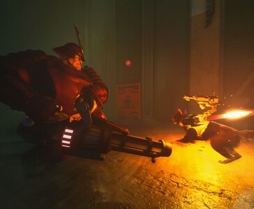 L'agent T.H.U.N.D.E.R. affronte un ennemi lourdement blindé avec un lance-flammes dans Barkour, en utilisant des armes de haute technologie montées. (Source de l'image : Varsav Game Studios via Steam)