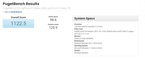 Configuration du GPU d'un ordinateur portable Intel Core i7-12700H et RTX 3080 Ti sur PugetBench. (Source : PugetBench)