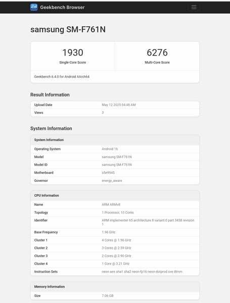Galaxy Z Flip FE Geekbench listing (source d'image : Abhishek Yadav sur X)