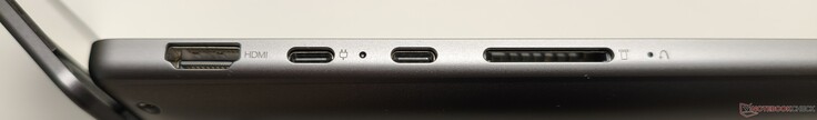 Côté gauche : HDMI 2.1, 2x USB-C 4 (y compris DisplayPort 2.1 et Power Delivery), lecteur de carte SD