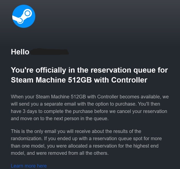 E-mail de réservation de la Steam Machine.