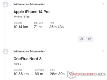 Comparaison GNSS : Apple iPhone 14 Pro vs. OnePlus Nord 3