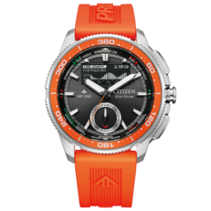 Image de face du produit Citizen Promaster Wave Tracker JV3000-13E avec bracelet en caoutchouc orange, lunette orange, cadran noir et affichage analogique-numérique du chronomètre de régate.