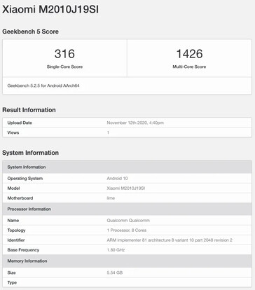 Le "Redmi Note 10 (4G) " sur Geekbench 5... (Source : Geekbench via MySmartPrice)