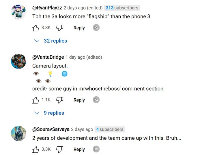Les 3 premiers commentaires sur la vidéo officielle de Nothing sur YouTube (Image source : Notebookcheck)