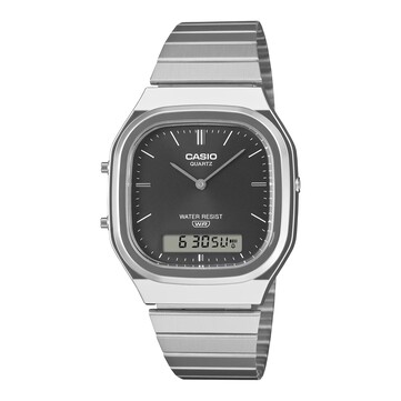 Montre rétro analogique-numérique Casio AQ-240E-1A, dotée d’un cadran noir à effet soleil, d’un boîtier argenté et d’un bracelet en acier inoxydable.