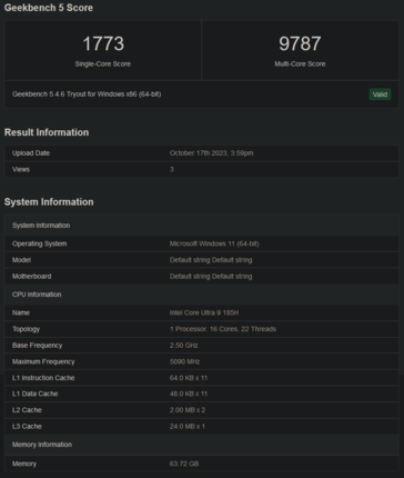 Liste Geekbench du Core Ultra 9 185H (image via Geekbench)