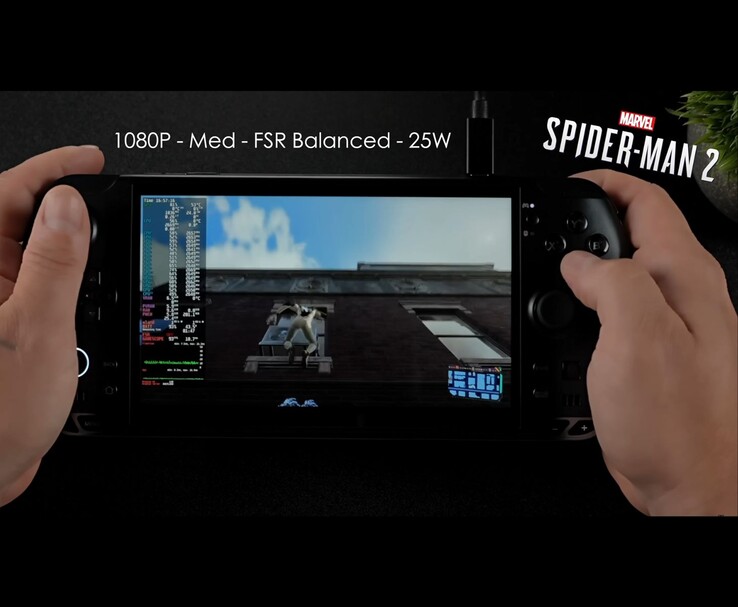 PC de jeu portable GPD Win 5 exécutant Marvel's Spider-Man 2 à 1080p paramètres moyens avec FSR Balanced et un TDP de 25 W. (Source de l'image : ETA PRIME via YouTube)