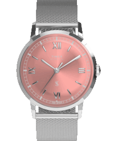 Montre Timex x Todd Snyder Marlin Mesh dotée d’un cadran saumon à effet soleil et d’un bracelet en maille d’acier inoxydable.