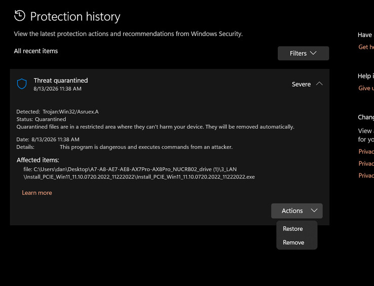 Le fichier exécutable signalé par Windows Defender