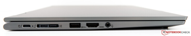 Côté gauche : port pour station d'accueil (2 Thunderbolt 3, Mini-Ethernet), USB A 3.0, HDMI 1.4b, prise jack.