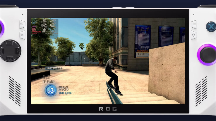 Skate 3 fonctionnant sous RPCS3 sur l'ASUS ROG Ally X, avec une moyenne de 100-120 FPS.