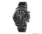 Chronographe Seiko noir en collaboration avec la locomotive à vapeur D51, avec touches dorées sur le cadran et bracelet en acier inoxydable.