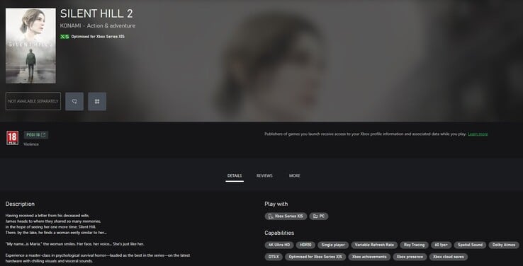 Capture d'écran de la page du jeu Silent Hill 2 sur le Microsoft Store. (Source de l'image : TrueAchievements)