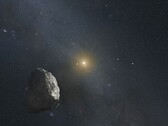 Une illustration représentant un astéroïde et une étoile.