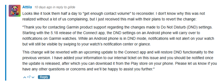 Capture d'écran d'un port du Garmin Forum avec un message de Garmin. (Source de l'image : Garmin Forum)
