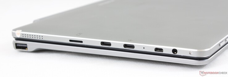 Côté gauche : USB 2.0 (sur la base), lecteur de carte micro SD, USB C 2.0, USB C 3.1, Micro-HDMI, prise jack.