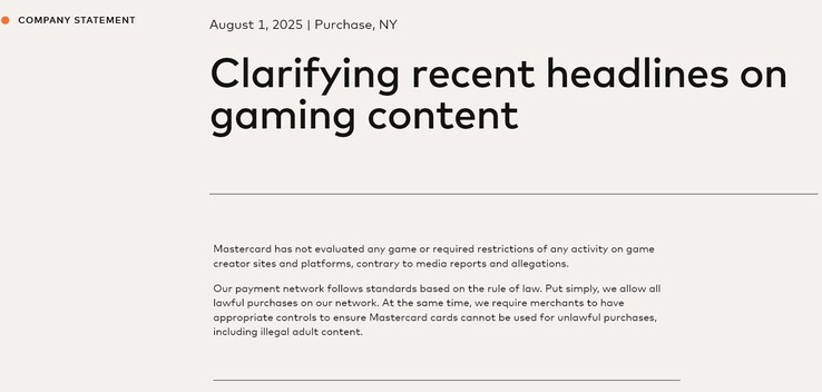 Déclaration de Mastercard sur l'interdiction des jeux (Source de l'image : capture d'écran, Mastercard)