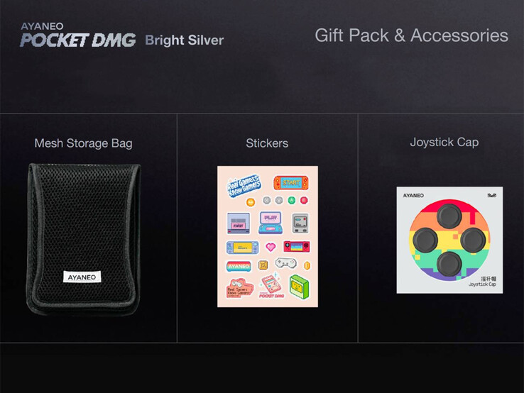 Ayaneo offre de nombreux cadeaux avec l'édition Pocket DMG Bright Silver. (Source de l'image : Ayaneo)