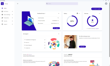 Écran d'accueil du Lenovo Vantage