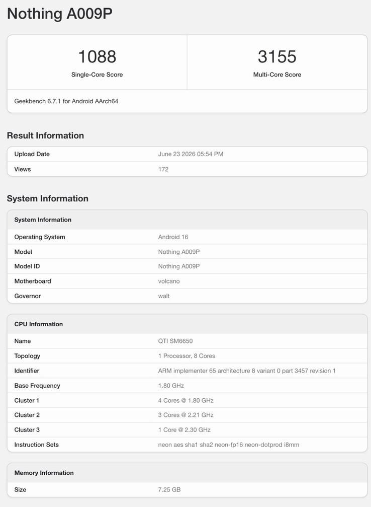 Fiche Geekbench du Nothing Phone (4b) attendu.