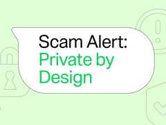 Bulle de conversation WhatsApp verte avec le texte « Alerte à l'arnaque : Private by Design »