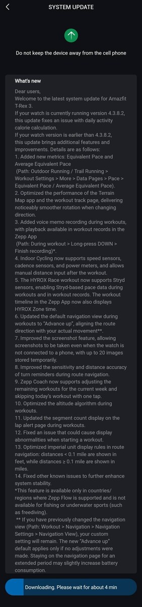 Le journal des modifications de la version 4.3.8.4 du logiciel de la smartwatch Amazfit T-Rex 3. (Source de l'image : Deepesh Kumar via Amazfit T-Rex 3/3 Pro Facebook Group)