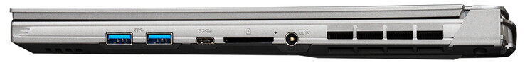 Côté droit : 2x USB 3.2 Gen 1 (Type-A), USB 3.2 Gen 1 (Type-C), lecteur de carte mémoire (SD), alimentation électrique