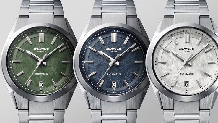 Trois nouveaux modèles EKF-100D en bleu, vert et blanc sont lancés aux côtés du modèle noir à cadran en carbone forgé. (Source de l'image : Casio)
