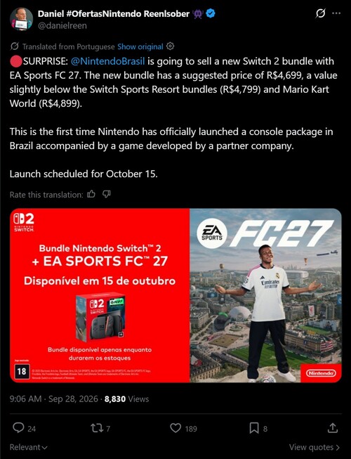 Annonce du pack console Switch 2 EA Sports FC 27 affichée