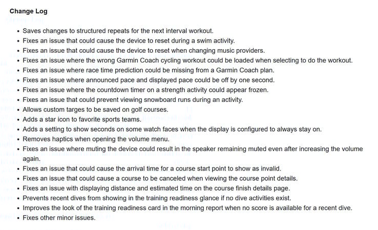 Le journal des modifications de la mise à jour de la version bêta 16.14 pour les smartwatches Garmin Forerunner 570 et Forerunner 970. (Source de l'image : capture d'écran du forum Garmin)