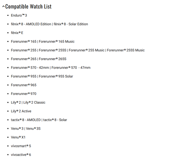 La liste officielle des smartwatches compatibles avec la fonctionnalité Garmin Body Battery TrueUp. (Source de l'image : Garmin)