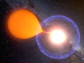 Une impression d'artiste montrant une nova aspirant la matière de son étoile hôte. (Source de l'image : K. Ulaczyk, Observatoire de l'université de Varsovie)