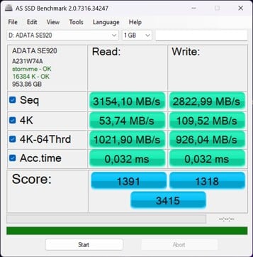 Vérification des performances avec l'ADATA SE920 via Thunderbolt 4