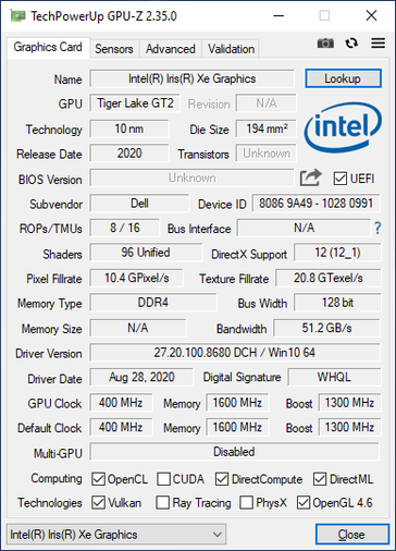 Le Dell XPS 13 avec le noyau i7-1165G7 fait état de 96 UE. Assurez-vous de vérifier la version de GPU-Z utilisée avant de consulter les valeurs déclarées