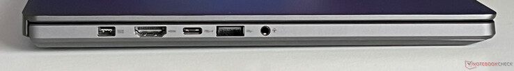 À gauche : alimentation, HDMI 2.1, USB-C 4.0 (40 GBit/s, DisplayPort 1.4, Power Delivery), USB-A 3.2 Gen 2 (10 GBit/s), audio 3,5 mm