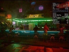Cyberpunk 2077 fonctionnant sous macOS 26 Tahoe avec l'interpolation d'images MetalFX activée sur un MacBook Pro M1 Max. (Source de l'image : Blendlogic Tech sur YouTube)