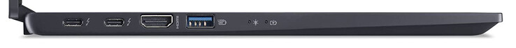 A gauche : 2x Thunderbolt 4 (USB-C ; DisplayPort, Power Delivery), HDMI, USB 3.2 Gen 2 (USB-A)