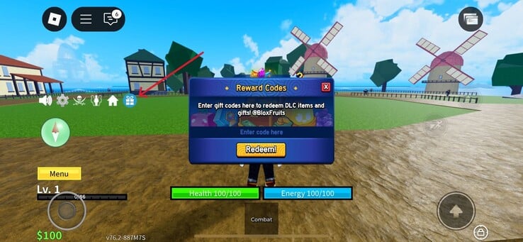 Cliquez sur l'icône du cadeau comme indiqué dans l'image ci-dessous (Image Source : Roblox)
