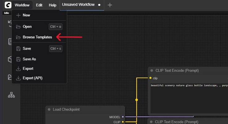 Capture d'écran du menu Workflow dans ComfyUI avec l'option Parcourir les modèles en surbrillance. (Source de l'image : Windows Screen Capture)