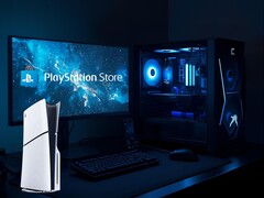 PS5 à côté d'un PC de jeu et d'un écran avec le logo PlayStation Store (Source : Sony PlayStation avec modifications)