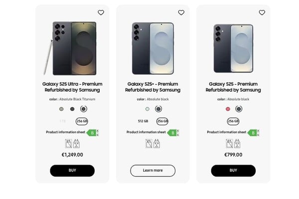 Galaxy Couleurs et configurations de la série S25 disponibles dans le cadre du programme Certified Re-Newed en France. (Source de l'image : Samsung)