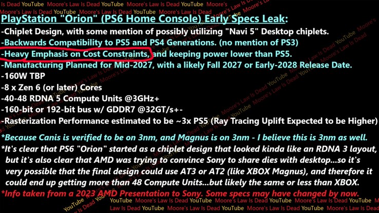 Fuite des spécifications de l'APU Orion de la PS6 de Sony. (Source de l'image : Moore's Law Is Dead sur YouTube)