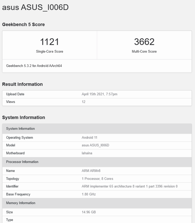 ASUS ZenFone 8 Mini 16GB RAM variant (image via Geekbench)