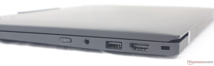 A droite : Bouton d'alimentation, casque d'écoute 3,5 mm, USB-A 3.2 Gen. 1, HDMI 2.1, Nano Kensington Lock